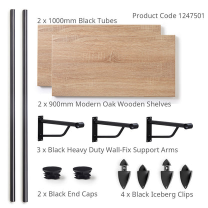 Oak Wooden Shelf and Clips with Black Hanging Rail