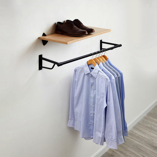Oak Wooden Shelf and Clips with Black Hanging Rail