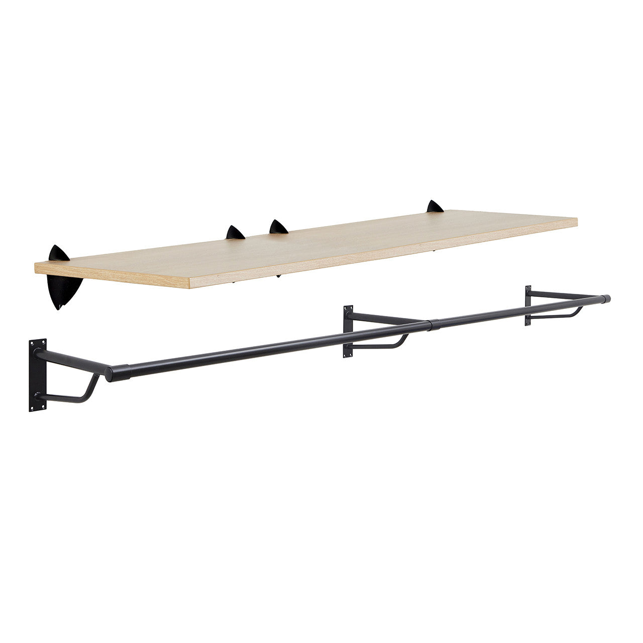 Oak Wooden Shelf and Clips with Black Hanging Rail