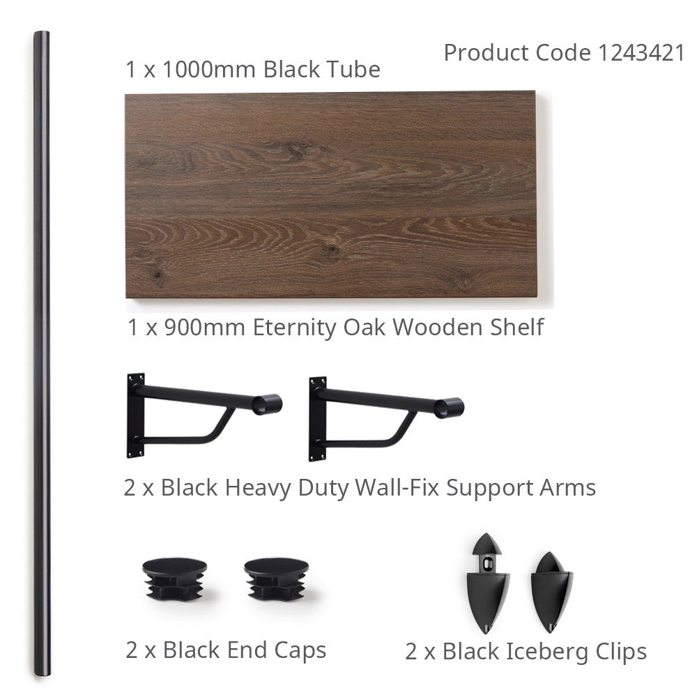 Eternity Oak Wooden Shelf and Clips with Black Hanging Rail