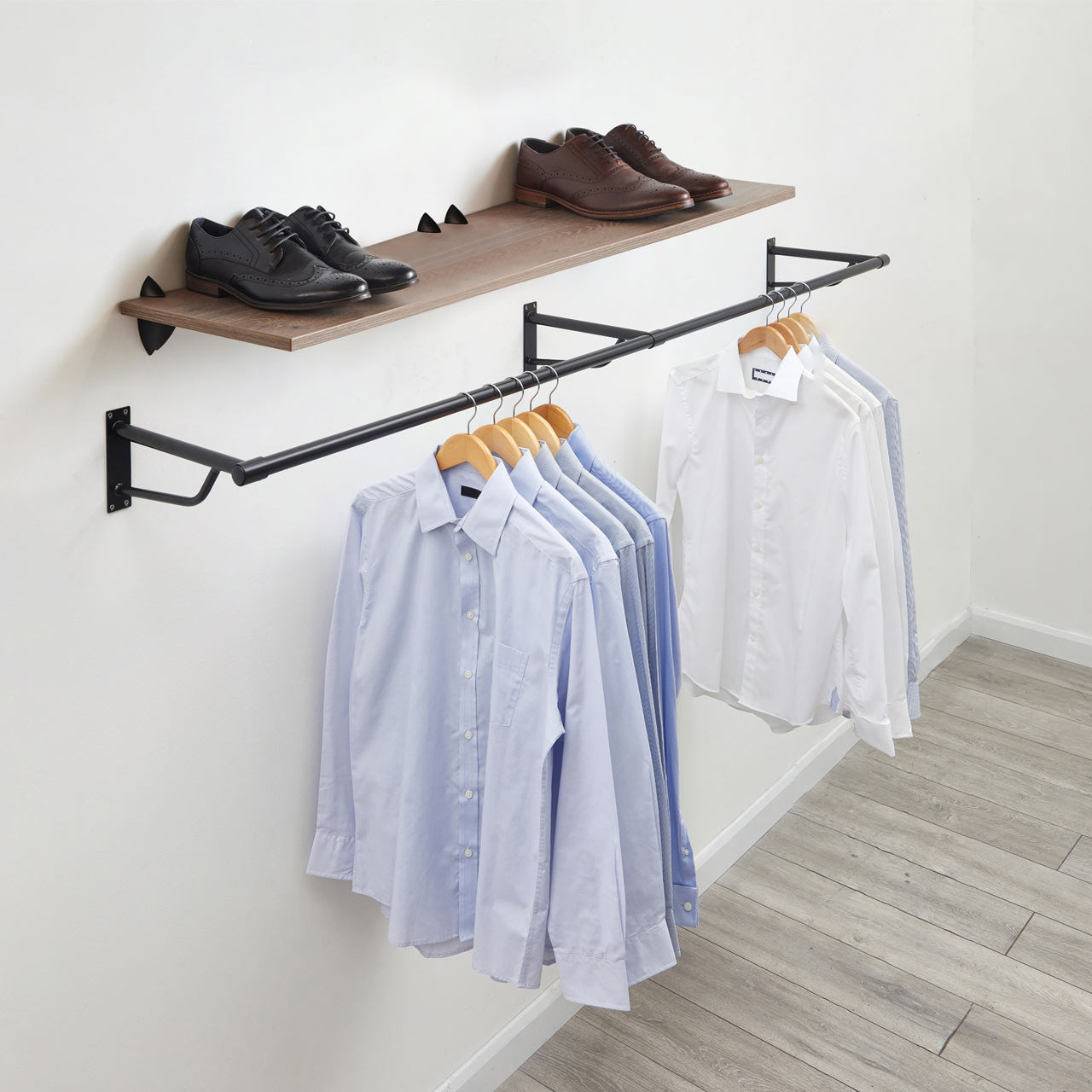 Eternity Oak Wooden Shelf and Clips with Black Hanging Rail