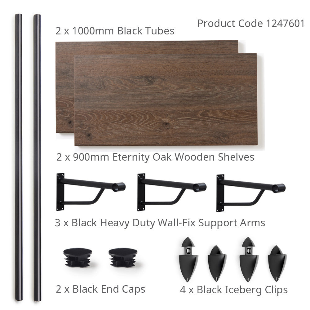 Eternity Oak Wooden Shelf and Clips with Black Hanging Rail