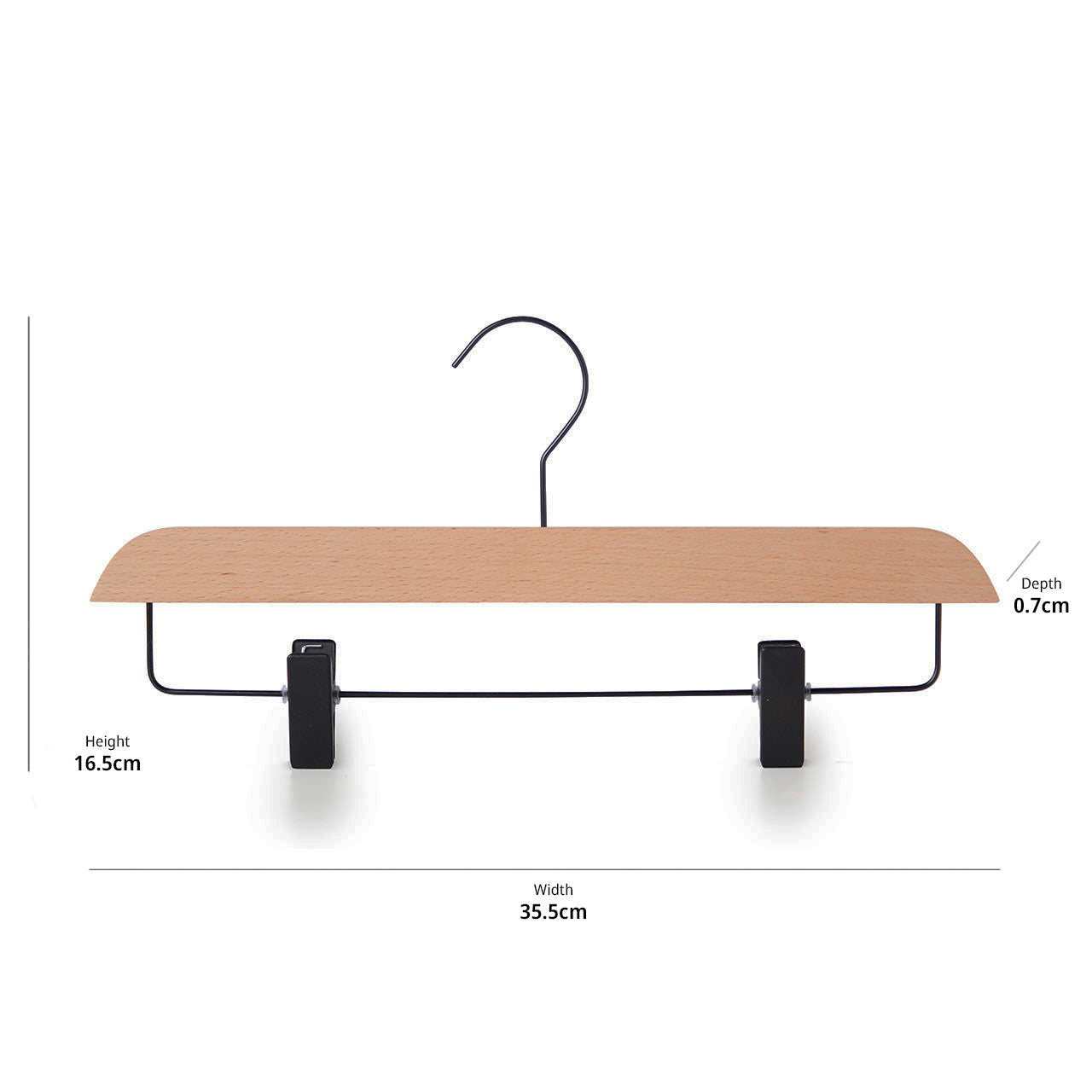 Natural Beech Wood Ultra-Slim Straight Trouser Hangers with Black Hook & Clips