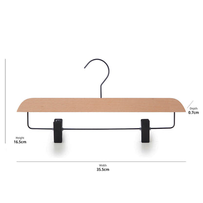 Natural Beech Wood Ultra-Slim Straight Trouser Hangers with Black Hook & Clips
