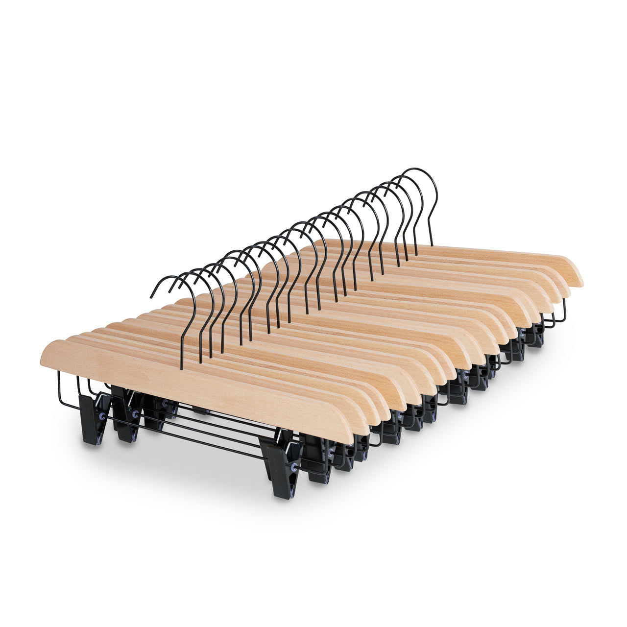 Natural Beech Wood Ultra-Slim Straight Trouser Hangers with Black Hook & Clips