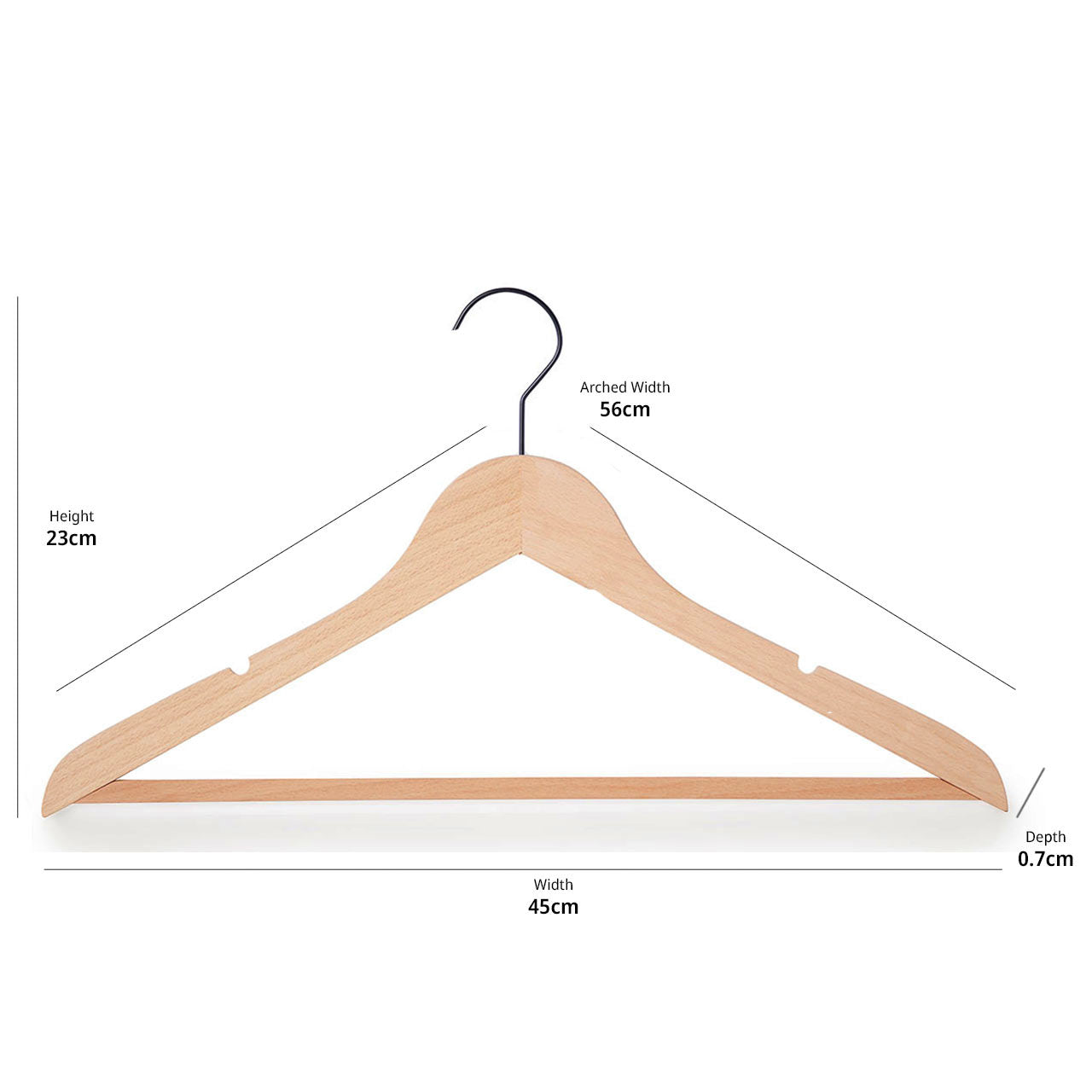 Natural Beech Wood Ultra-Slim Flat Hangers with Trouser Bar and Shoulder Notches