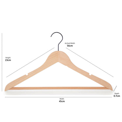 Natural Beech Wood Ultra-Slim Flat Hangers with Trouser Bar and Shoulder Notches