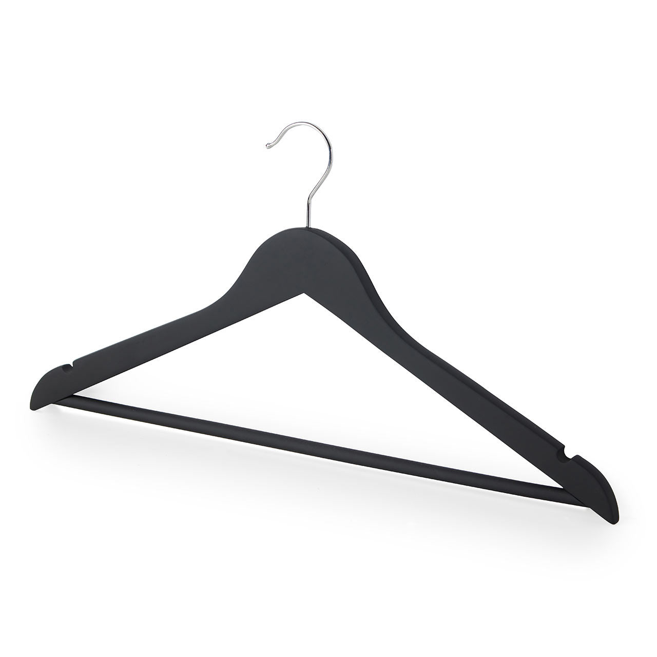 Soft-Touch Non-Slip Black Wooden Suit Hangers with Trouser Bar and Shoulder Notches