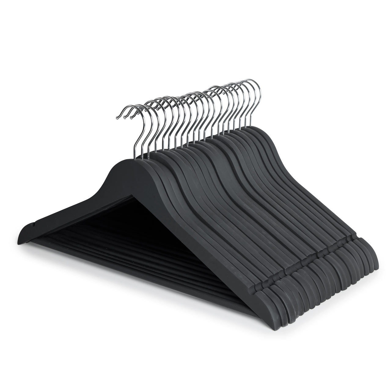 Soft-Touch Non-Slip Black Wooden Suit Hangers with Trouser Bar and Shoulder Notches