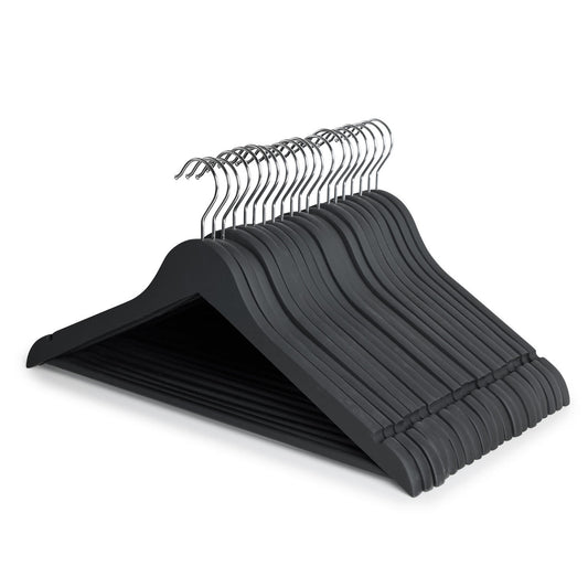 Soft-Touch Non-Slip Black Wooden Suit Hangers with Trouser Bar and Shoulder Notches