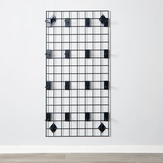 Black 4ft Wall-Mounted Grid Mesh Display with 16 x Euro Hooks