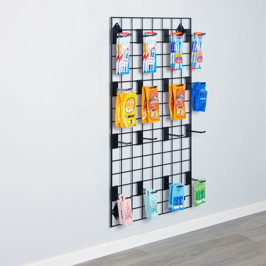 Black 4ft Wall-Mounted Grid Mesh Display with 16 x Euro Hooks
