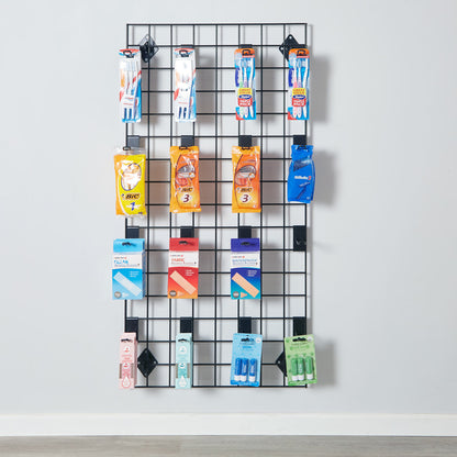Black 4ft Wall-Mounted Grid Mesh Display with 16 x Euro Hooks