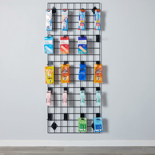 Black 5ft Wall-Mounted Grid Mesh Display with 20 x Euro Hooks