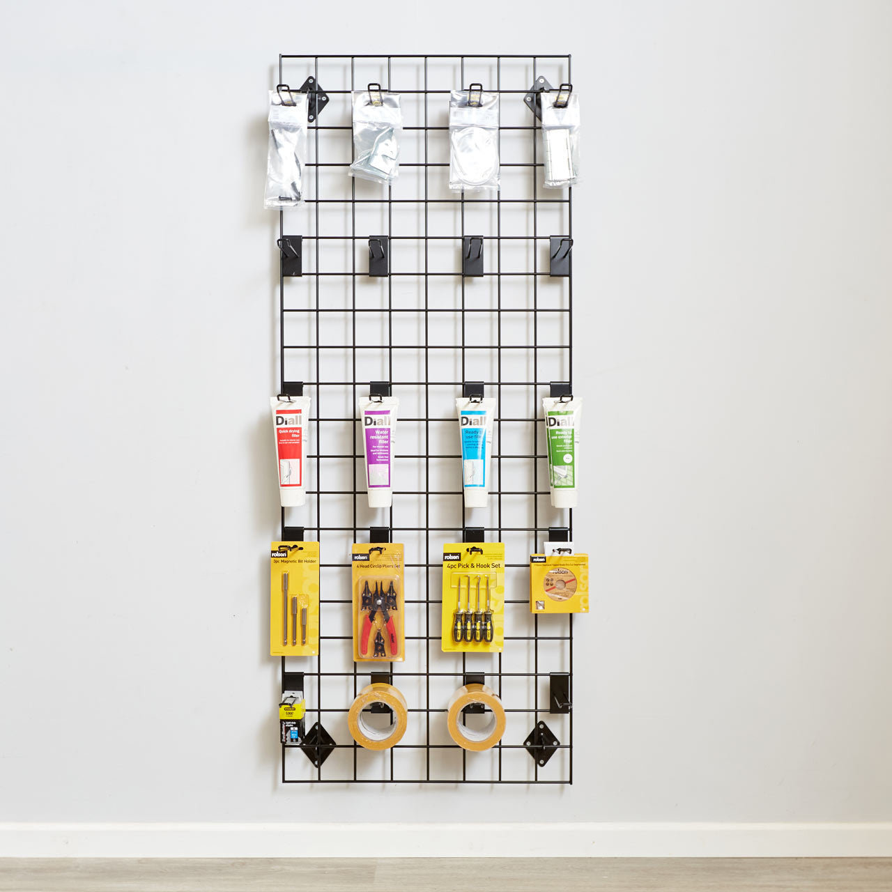Black 5ft Wall-Mounted Grid Mesh Display with 20 x Euro Hooks