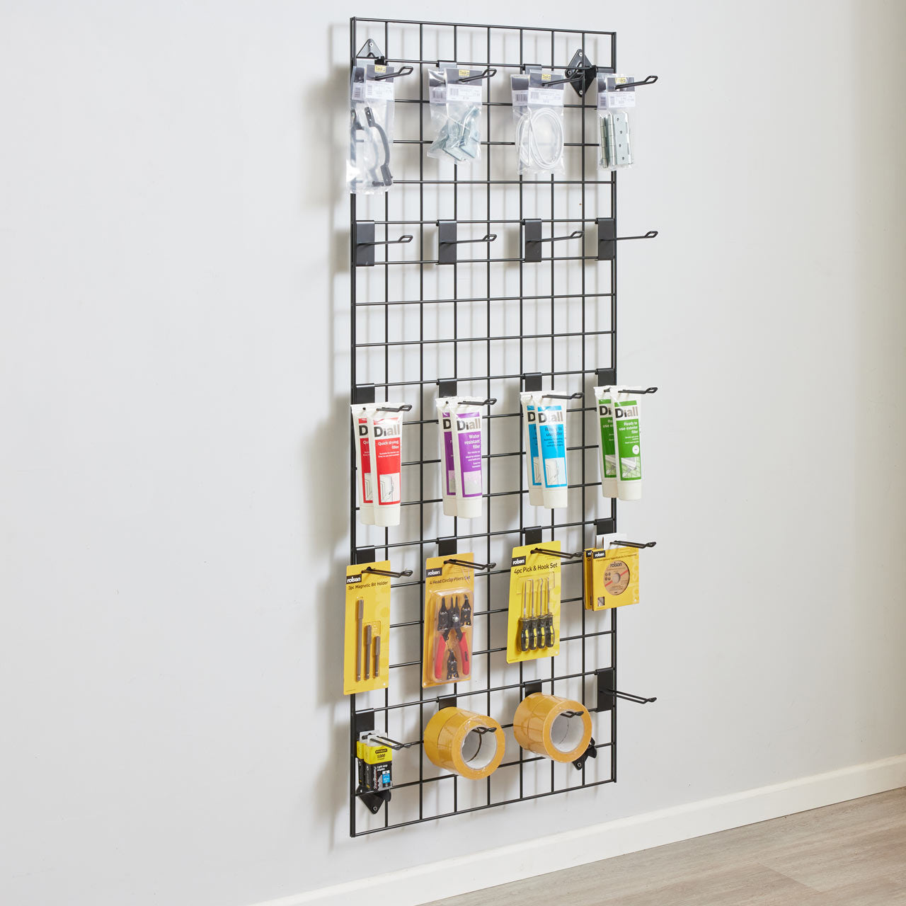 Black 5ft Wall-Mounted Grid Mesh Display with 20 x Euro Hooks