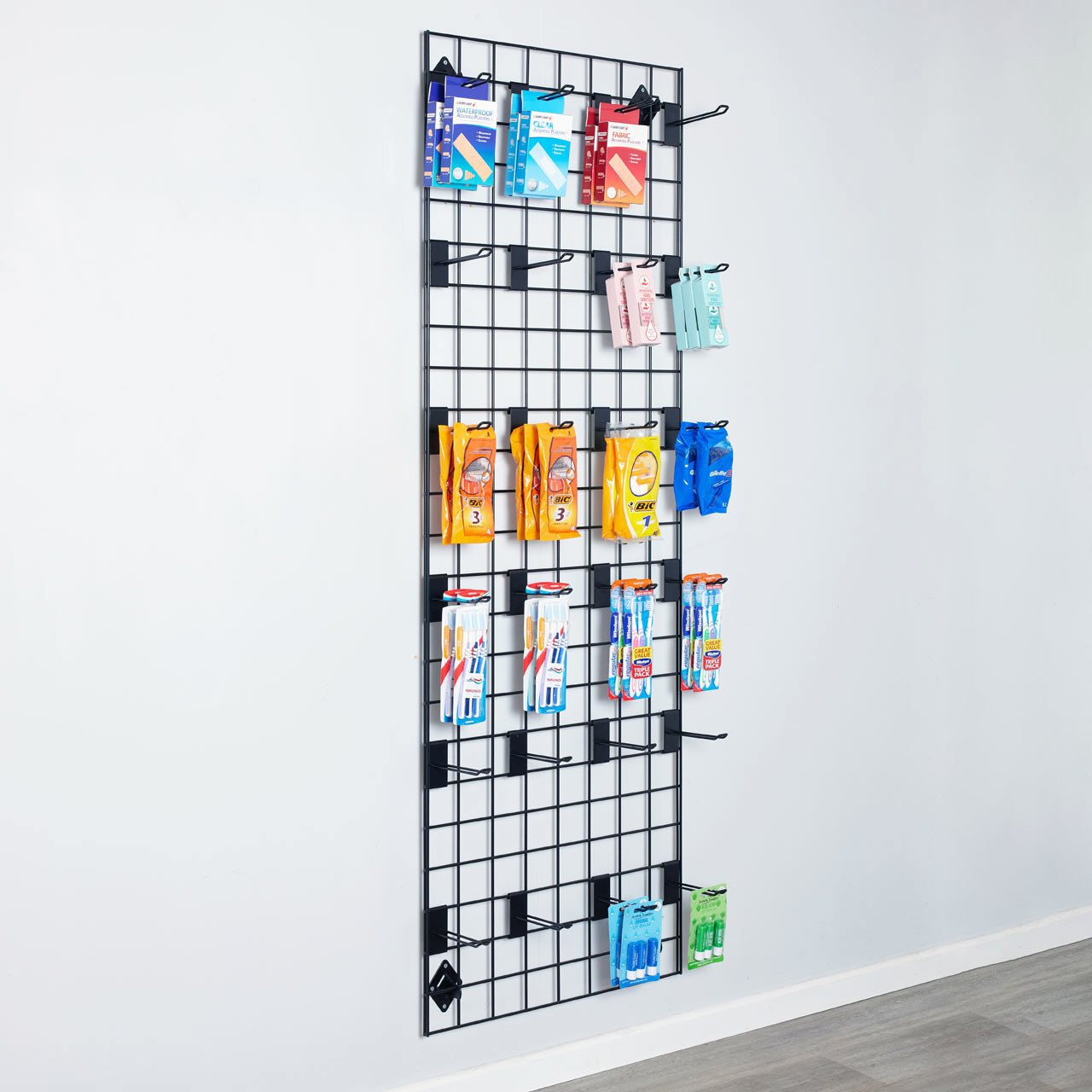 Black 6ft Wall-Mounted Grid Mesh Display with 24 x Euro Hooks