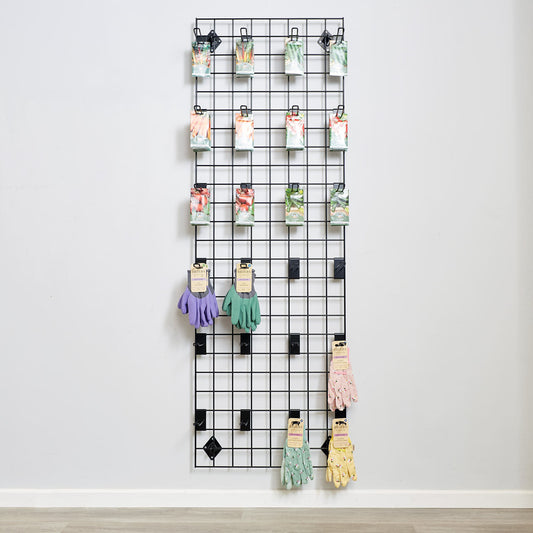 Black 6ft Wall-Mounted Grid Mesh Display with 24 x Euro Hooks