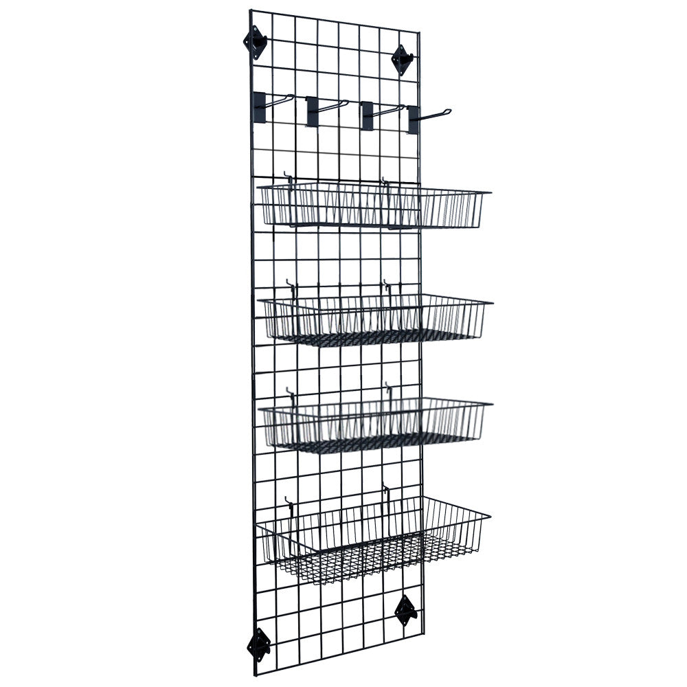 Black 6ft Wall-Mounted Grid Mesh Display with 4 x Wire Baskets, 4 x Euro Hooks