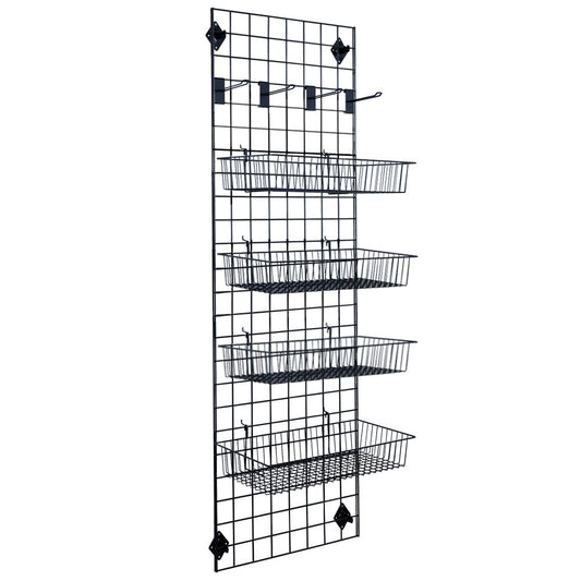 Black 6ft Wall-Mounted Grid Mesh Display with 4 x Wire Baskets, 4 x Euro Hooks