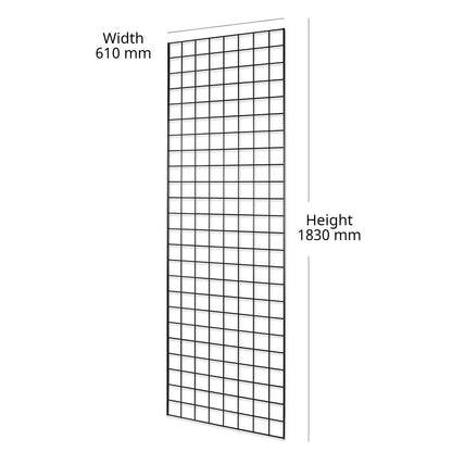 Black 6ft Wall-Mounted Grid Mesh Display with 4 x Wire Baskets, 4 x Euro Hooks