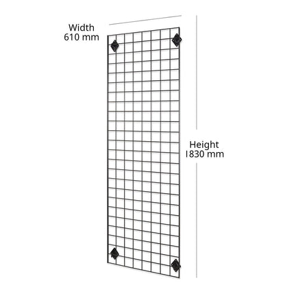 Black 6ft Wall-Mounted Grid Mesh Display with 4 x Wire Baskets, 4 x Euro Hooks