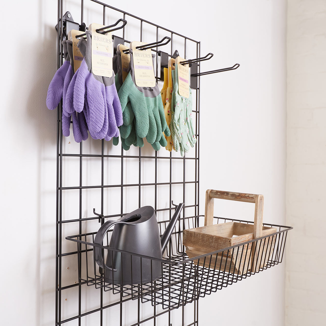 Black 6ft Wall-Mounted Grid Mesh Display with 4 x Wire Baskets, 4 x Euro Hooks