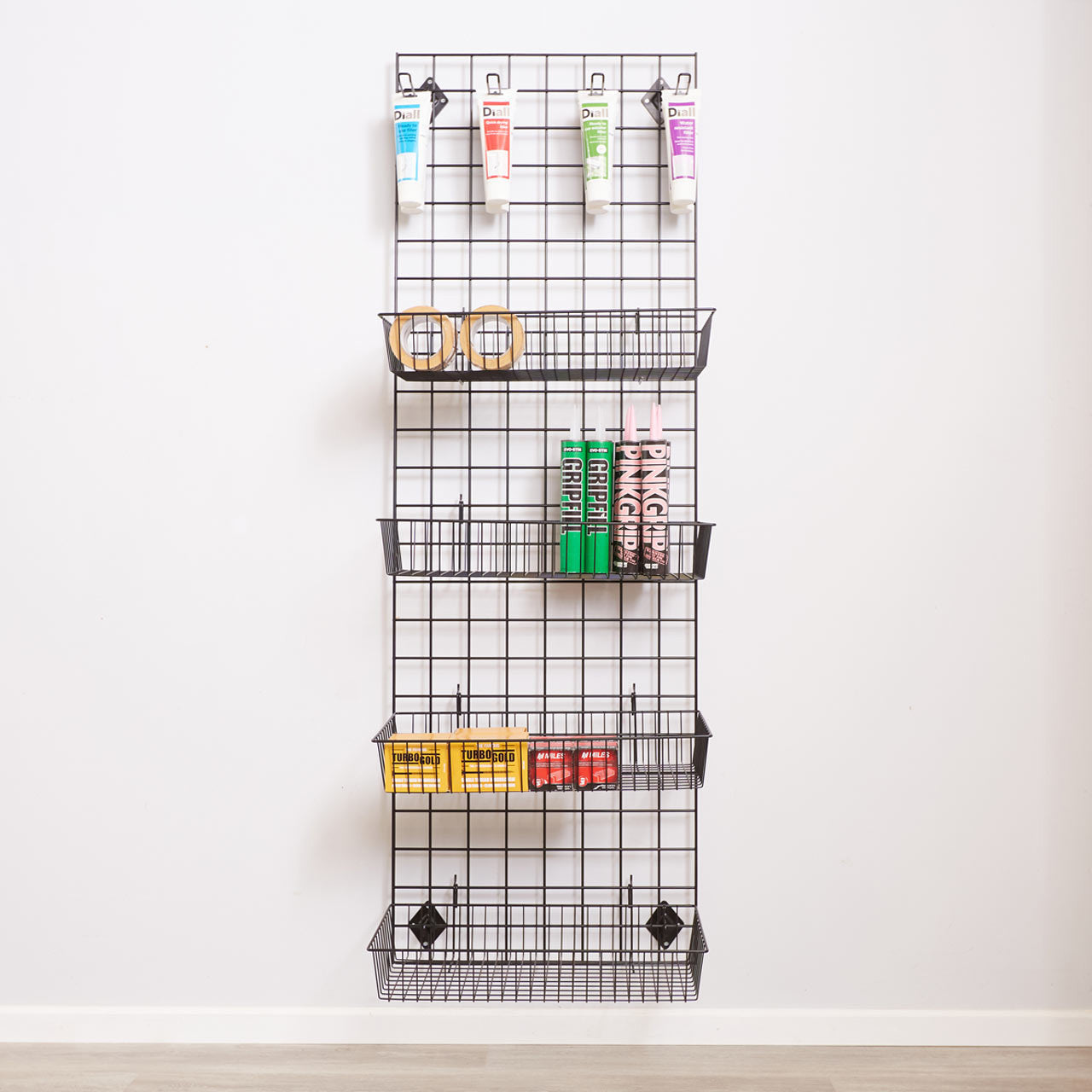 Black 6ft Wall-Mounted Grid Mesh Display with 4 x Wire Baskets, 4 x Euro Hooks