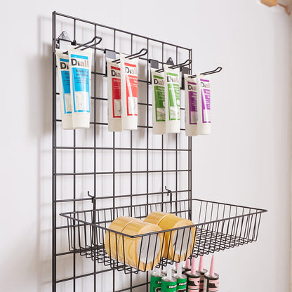 Black 6ft Wall-Mounted Grid Mesh Display with 4 x Wire Baskets, 4 x Euro Hooks