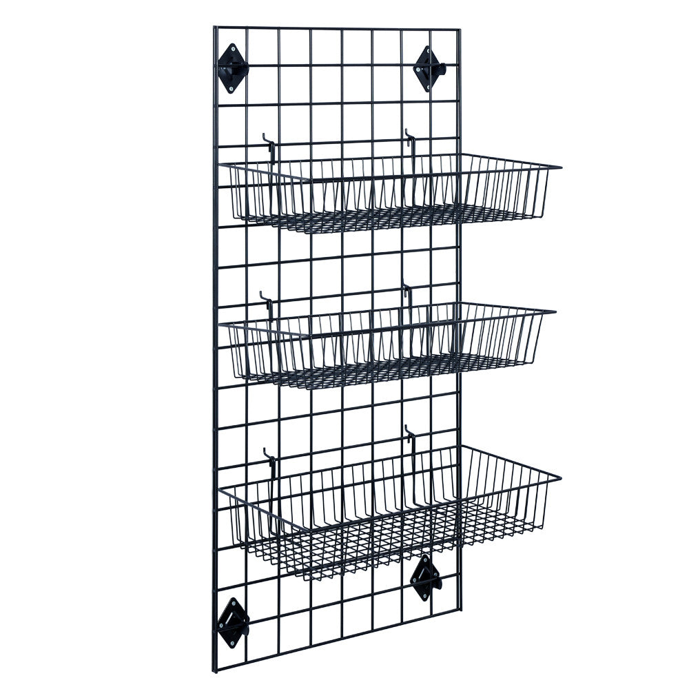 Black 4ft Wall-Mounted Grid Mesh Display with 3 x Wire Baskets