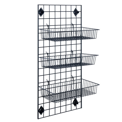 Black 4ft Wall-Mounted Grid Mesh Display with 3 x Wire Baskets