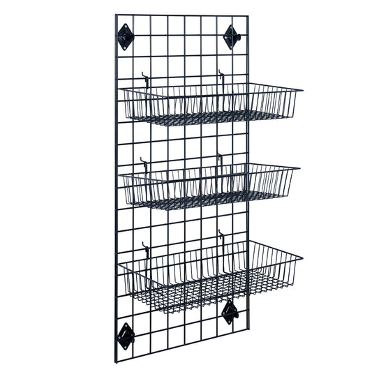 Black 4ft Wall-Mounted Grid Mesh Display with 3 x Wire Baskets