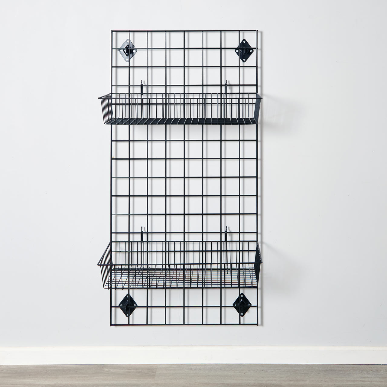 Black 4ft Wall-Mounted Grid Mesh Display with 2 x Wire Baskets