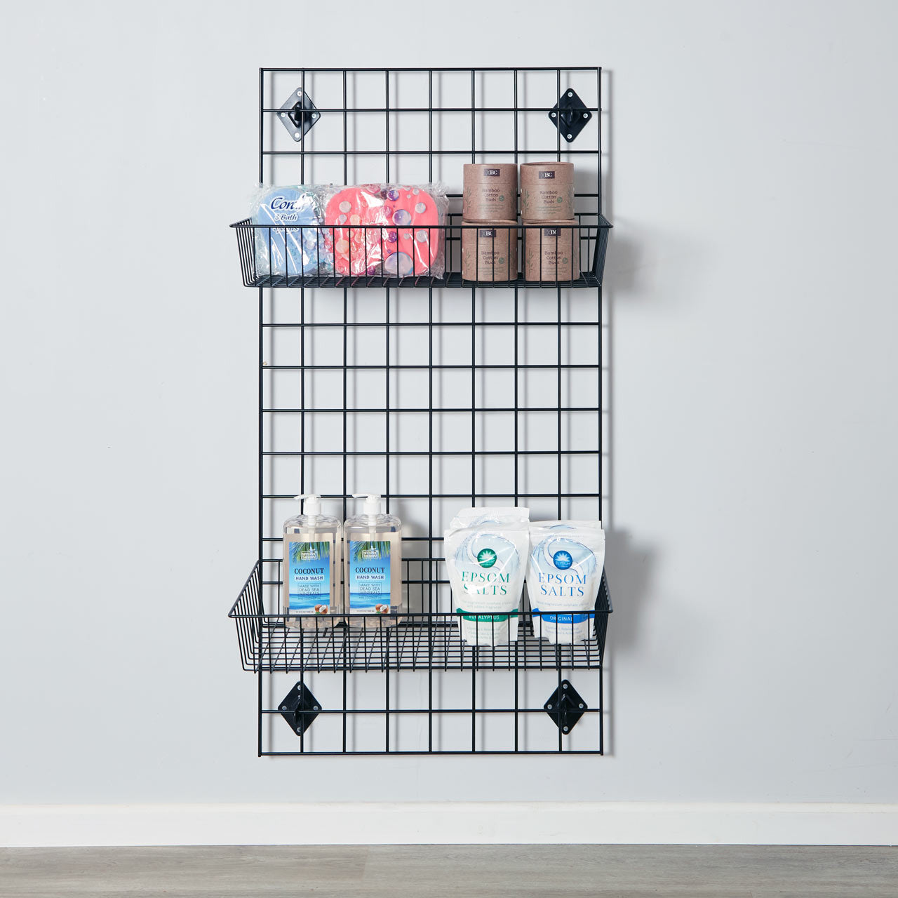 Black 4ft Wall-Mounted Grid Mesh Display with 2 x Wire Baskets