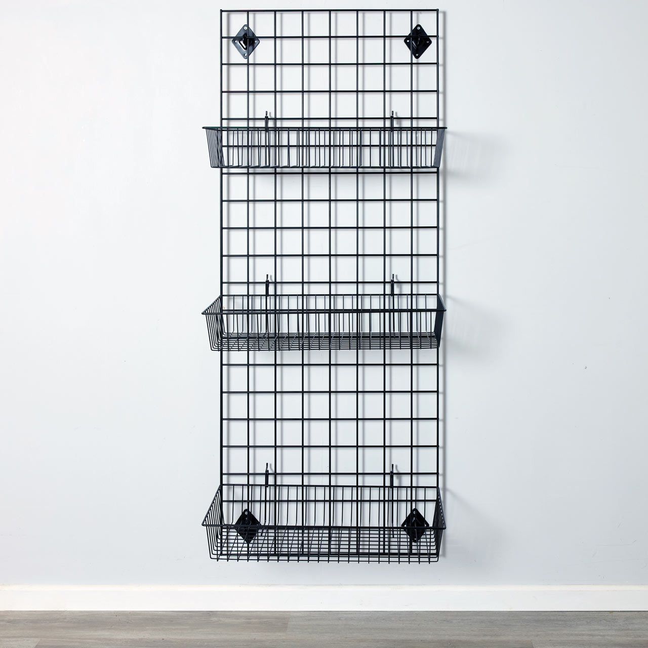Black 5ft Wall-Mounted Grid Mesh Display with 3 x Wire Baskets