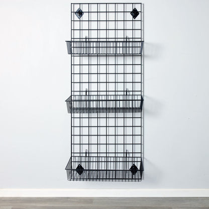 Black 5ft Wall-Mounted Grid Mesh Display with 3 x Wire Baskets