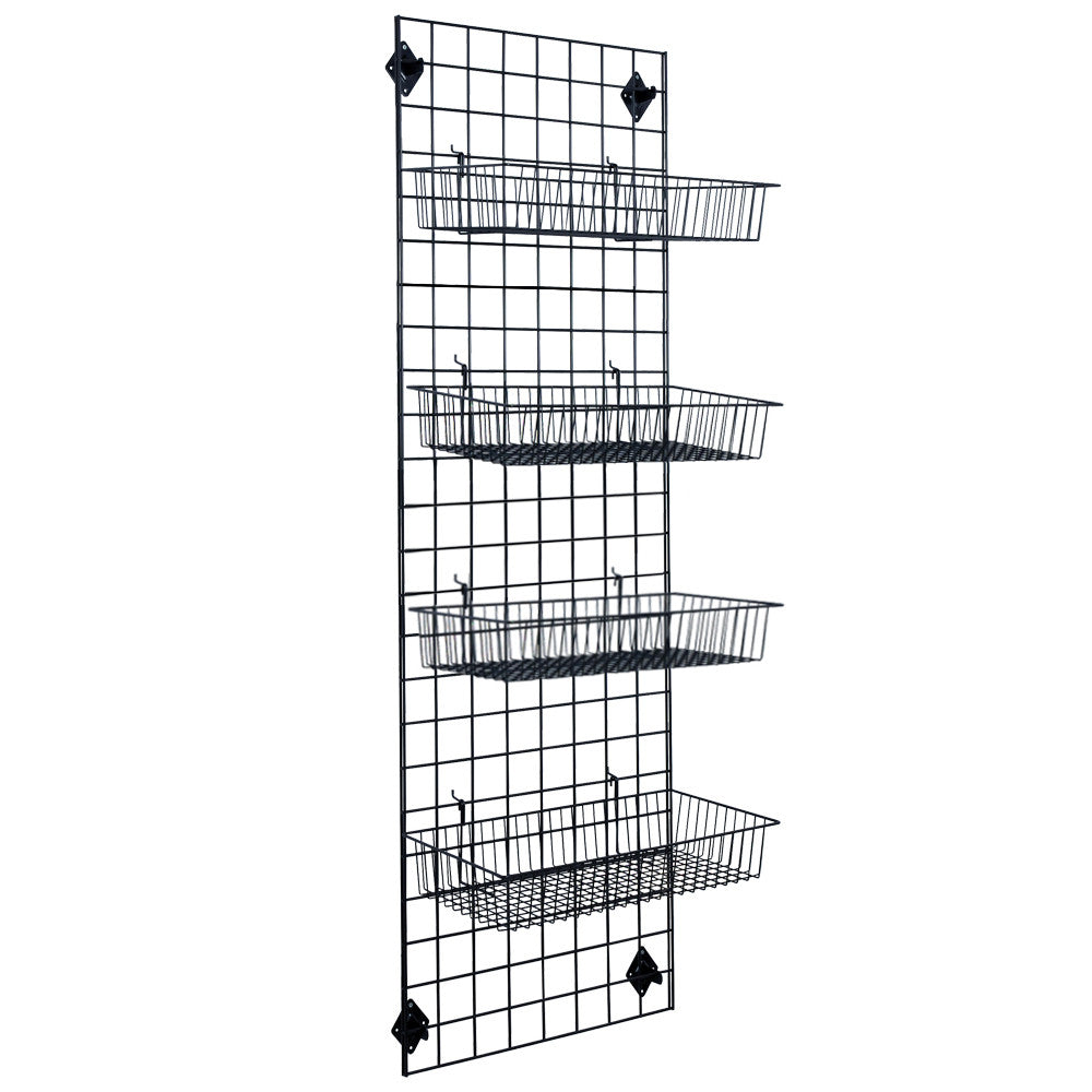 Black 6ft Wall-Mounted Grid Mesh Display with 4 x Wire Baskets