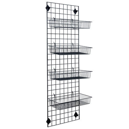 Black 6ft Wall-Mounted Grid Mesh Display with 4 x Wire Baskets