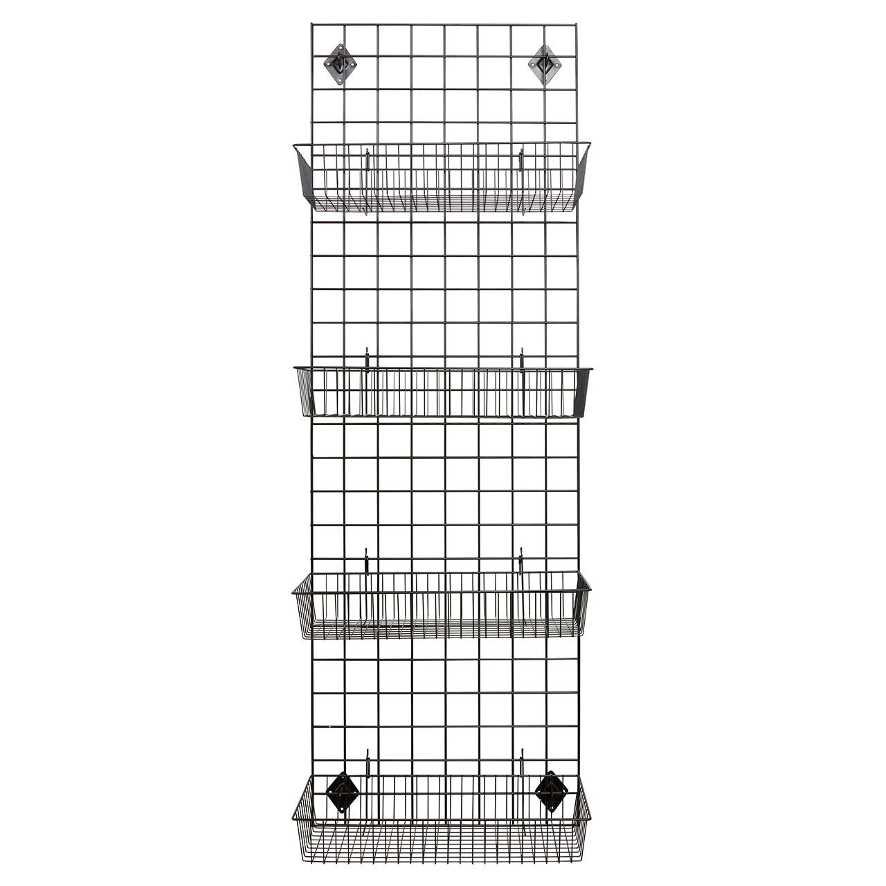 Black 6ft Wall-Mounted Grid Mesh Display with 4 x Wire Baskets