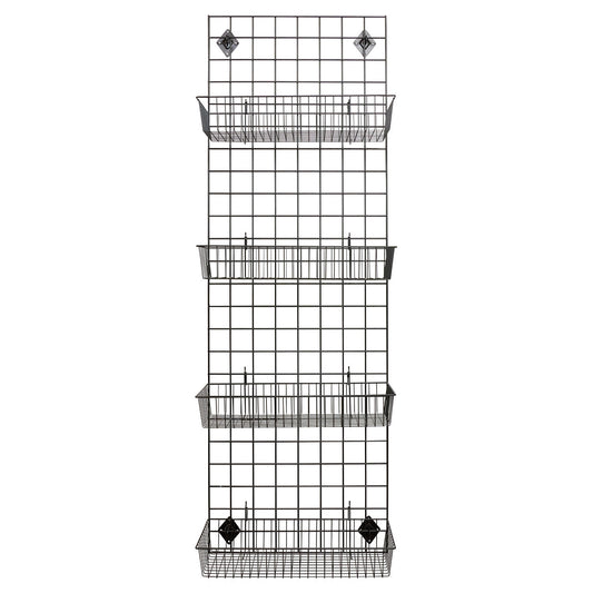 Black 6ft Wall-Mounted Grid Mesh Display with 4 x Wire Baskets