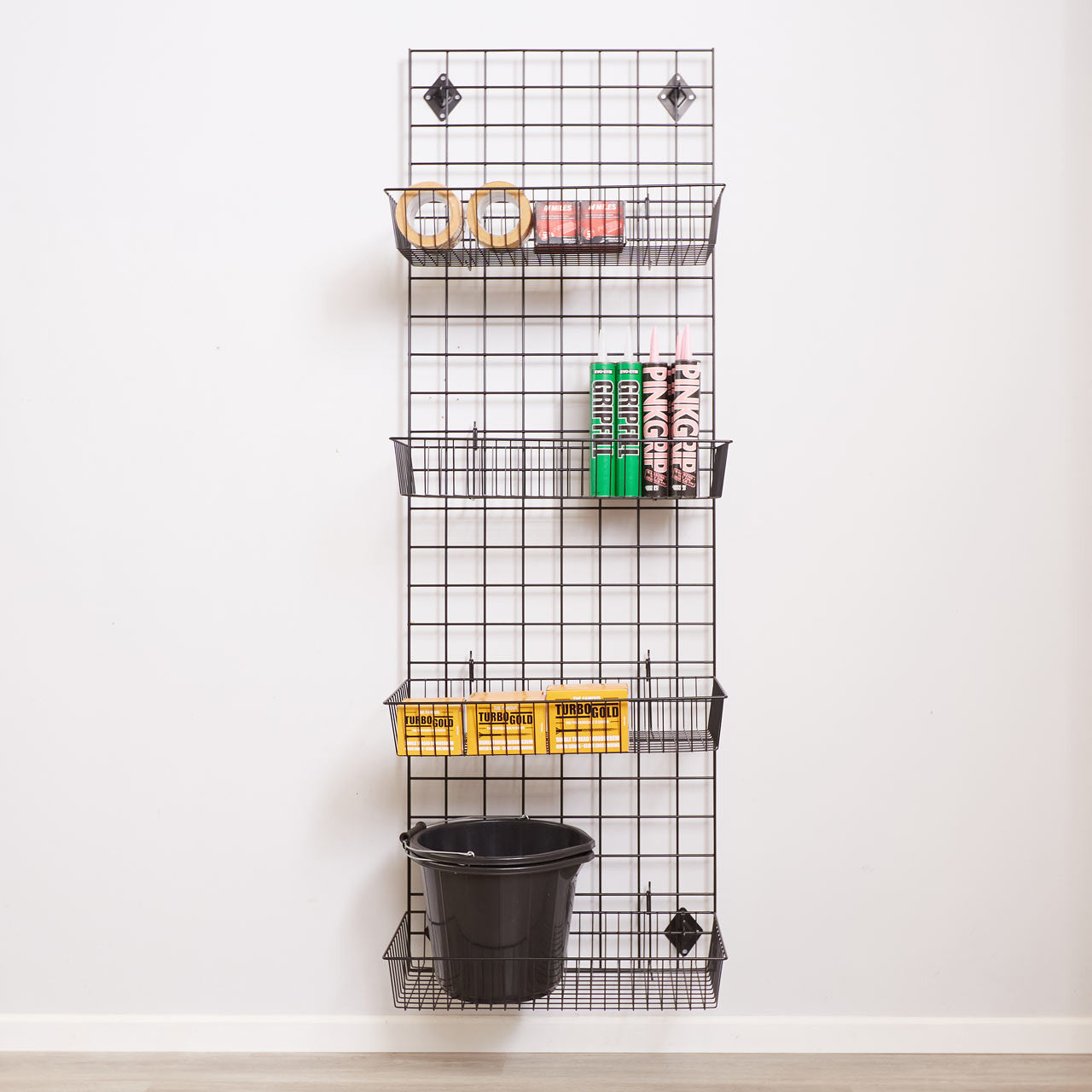 Black 6ft Wall-Mounted Grid Mesh Display with 4 x Wire Baskets