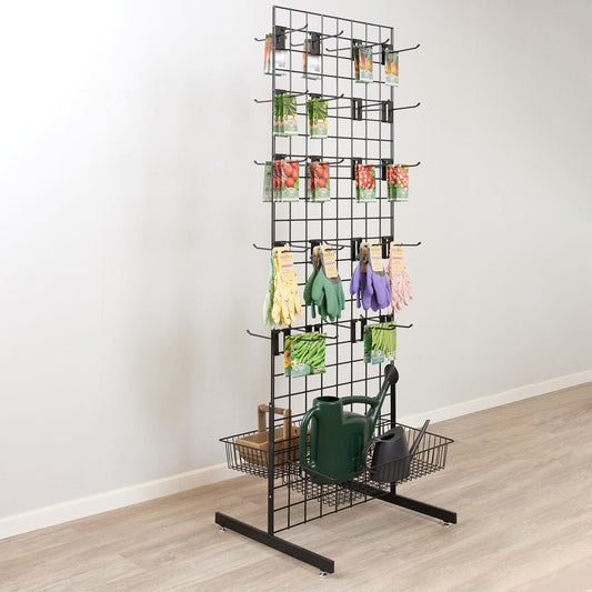 Black 6ft Double-Sided Grid Mesh Display With 2 x Wire Baskets, 40 x Single Arms