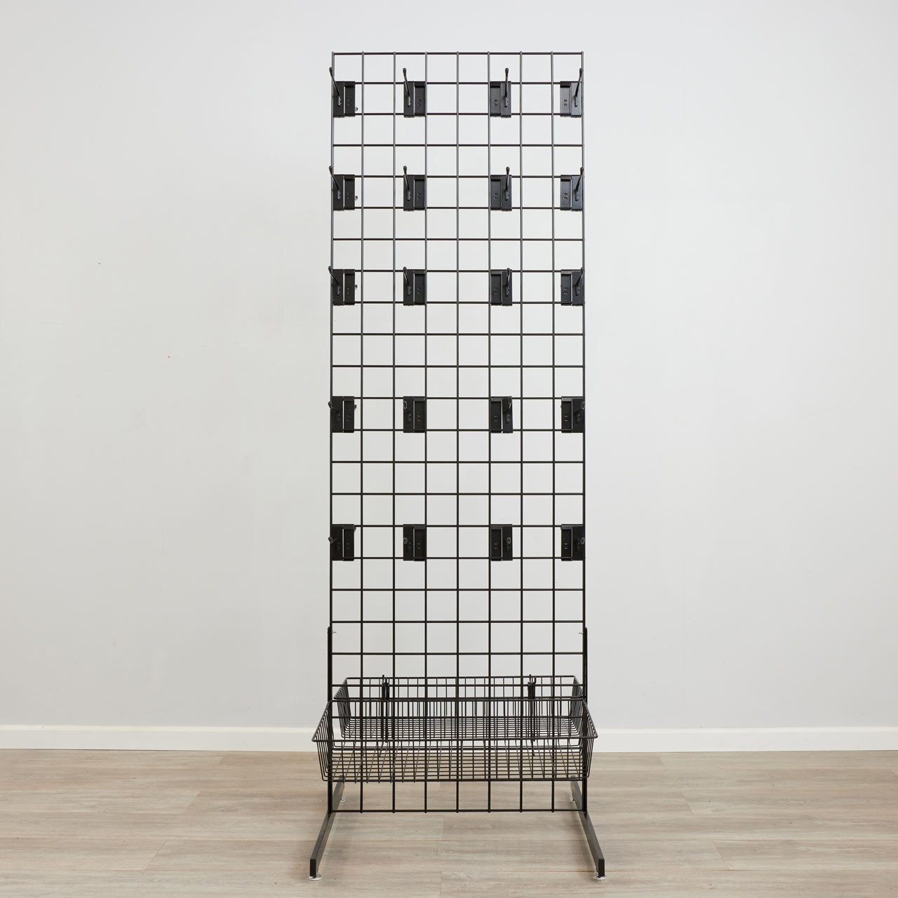 Black 6ft Double-Sided Grid Mesh Display With 2 x Wire Baskets, 40 x Single Arms