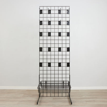 Black 6ft Double-Sided Grid Mesh Display With 2 x Wire Baskets, 40 x Single Arms