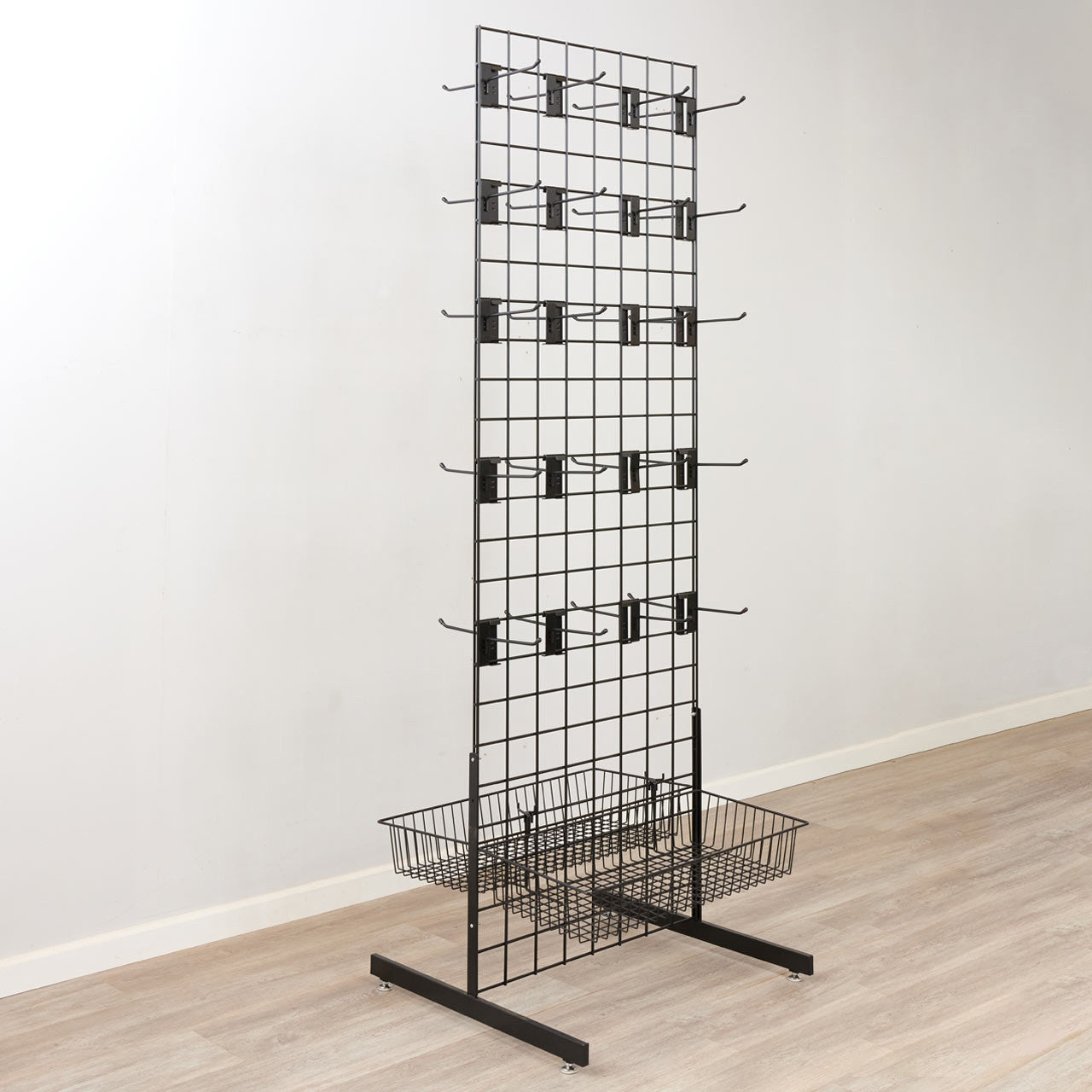 Black 6ft Double-Sided Grid Mesh Display With 2 x Wire Baskets, 40 x Single Arms