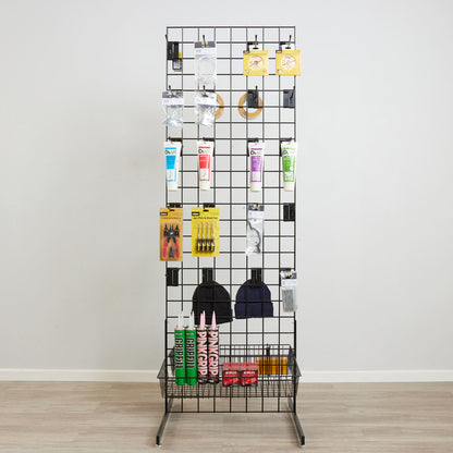 Black 6ft Double-Sided Grid Mesh Display With 2 x Wire Baskets, 40 x Single Arms