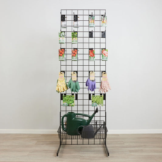 Black 6ft Double-Sided Grid Mesh Display With 2 x Wire Baskets, 40 x Single Arms