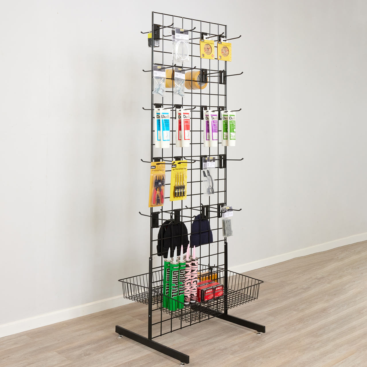 Black 6ft Double-Sided Grid Mesh Display With 2 x Wire Baskets, 40 x Single Arms