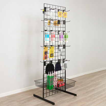 Black 6ft Double-Sided Grid Mesh Display With 2 x Wire Baskets, 40 x Single Arms