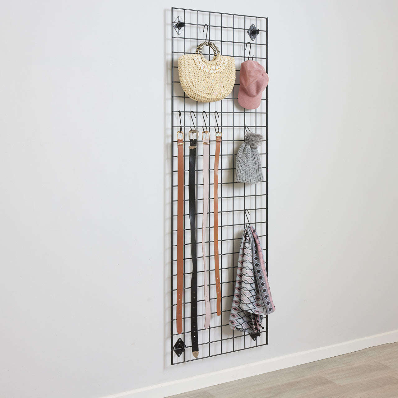 Black 6ft Wall-Mounted Grid Mesh Display with 20 S-Hooks